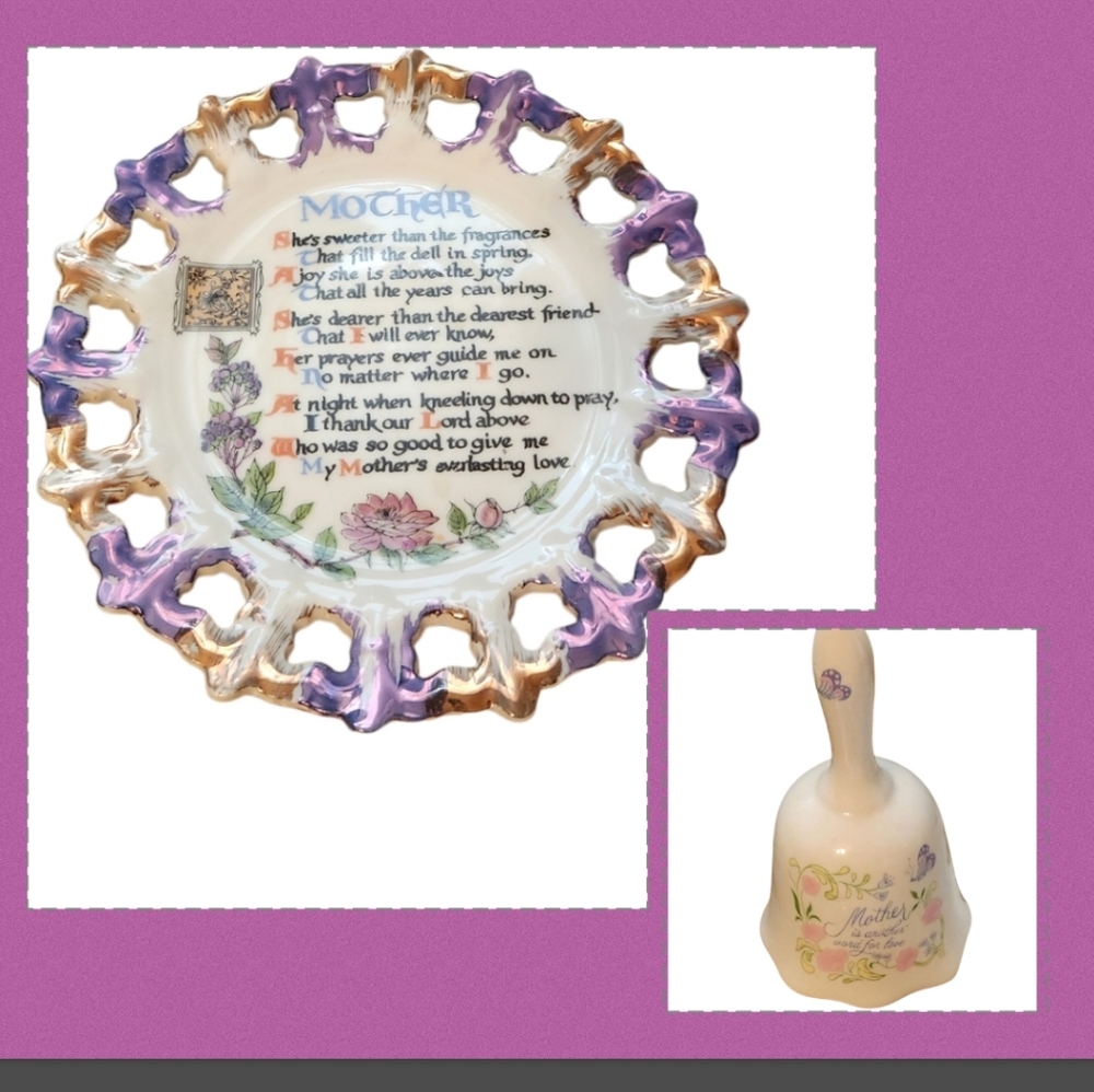 Vintage Decorative Mother Poem Plate with Gold and Purple Accents And Bell